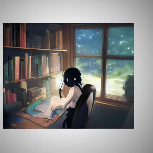 Image similar to Anime painting of a black haired girl wearing headphones while studying in her warm cozy home, by makoto shinkai, relaxed, calm, atmospheric, trending on artstation, kimi no na wa