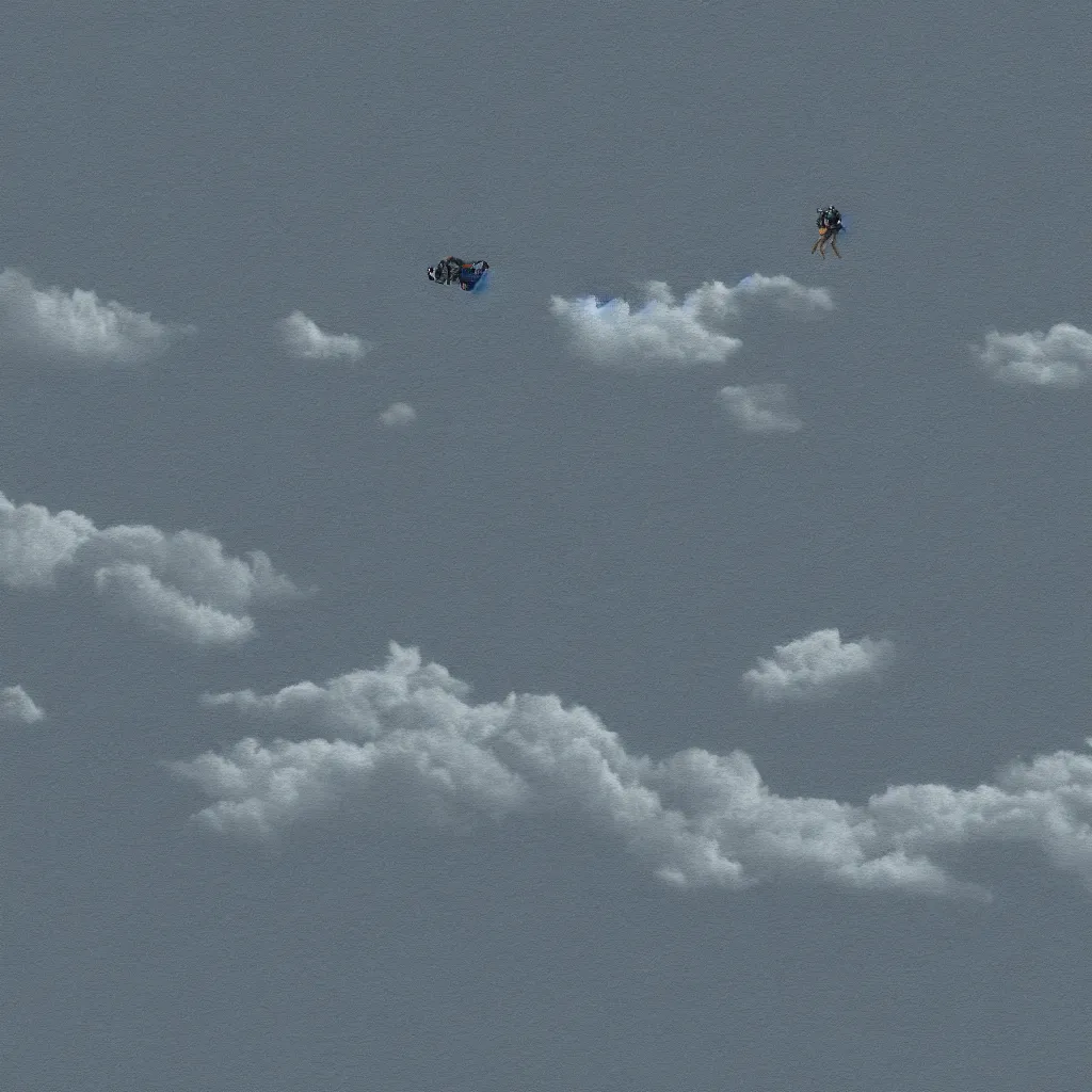 Image similar to a single scubadiver floating above the clouds, closeup, digital drawing