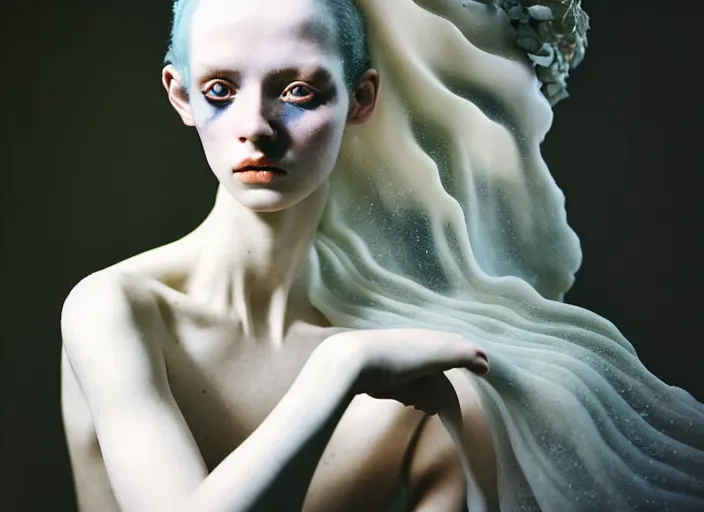 Image similar to cinestill 5 0 d photo portrait of a beautiful hybrid woman in style of tim walker by roberto ferri, body weird marble intricate detailed, hair is intricate gnarled style, 5 0 mm lens, f 1. 4, sharp focus, ethereal, emotionally evoking, head in focus, bokeh volumetric lighting, tonal colors outdoor