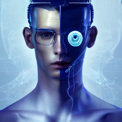 Image similar to portrait of an absurdly handsome, clean shaven, sophisticated, fashionable male cyberpunk mechanoid, hyperdetailed illustratio, matt wisniewski style, intricate linework, male fashion photography, porcelain skin, jellyfish headband, unreal engine 5 highly rendered, radiant light, detailed and intricate environment