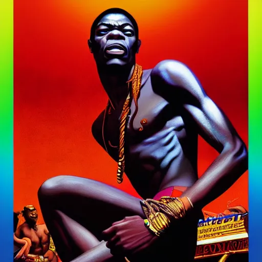 Image similar to fela kuti by clyde caldwell, ilya kuvshinov, rossdraw, very detailed, dramatic colors, 4 k