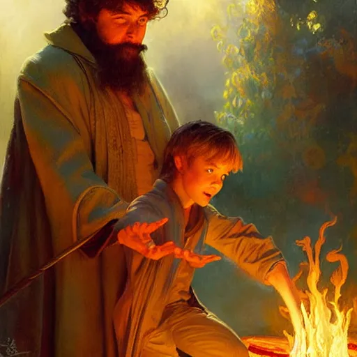 Prompt: stunning male master wizard teaching his son how to cast fire spell, highly detailed painting by gaston bussiere, craig mullins, j. c. leyendecker, 8 k