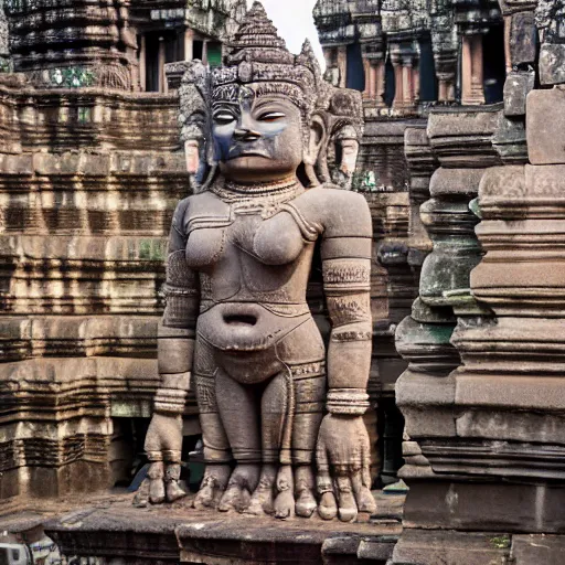 Image similar to angkor tom, asuras giant yaksha statues, epic, full body standing, photography hight quality, sharp, stones, award winning photography, canon, thierry rouzier