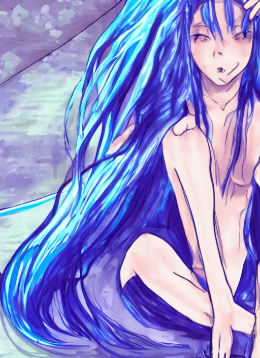 Image similar to a woman with blue hair sitting in the water, an anime drawing by yuumei, featured on pixiv, rayonism, pixiv, seapunk, anime