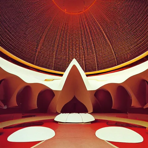 Image similar to interior of a futuristic lotus temple with gold, red and white marble panels, in the desert, by buckminster fuller and syd mead, intricate contemporary architecture, photo journalism, photography, cinematic, national geographic photoshoot