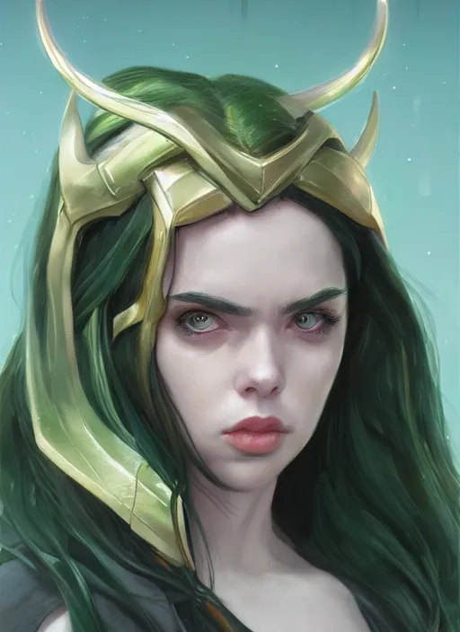 Image similar to billie eilish as female loki by Stanley Artgerm Lau, WLOP, Rossdraws, James Jean, Andrei Riabovitchev, Marc Simonetti, and Sakimichan, trending on artstation