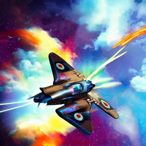 Prompt: photo, a futuristic space fighter modeled after a spitfire plane, flying through colorful clouds of smoke inside an intense space battle