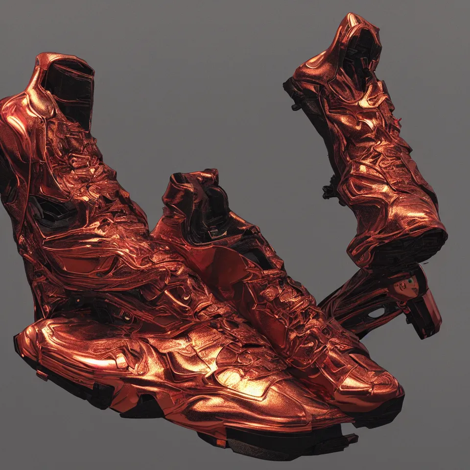 Image similar to realistic sculpture of a cyberpunk sneaker, beautiful studio lighting, soft, sharp focus, cyberpunk, intricate detail, gold and red accents, soft rubber, octane render, trending on artstation, deviantart, art by syd mead