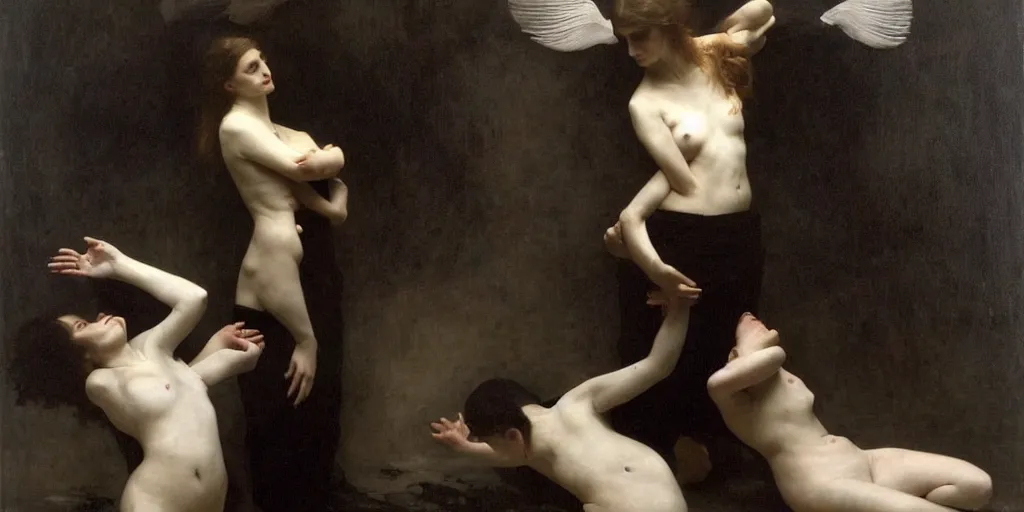 Prompt: a thousand of wings, white swan, feathers, mixed with human arms. by william bouguereau, andrew wyeth and nicola samori. dark atmosphere. dark space