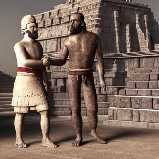 Prompt: Hernán Cortés shaking hands with Montezuma at the foot of the temple in Tenochtitlan, 35mm award winning photography, highly detailed, unreal, octane render