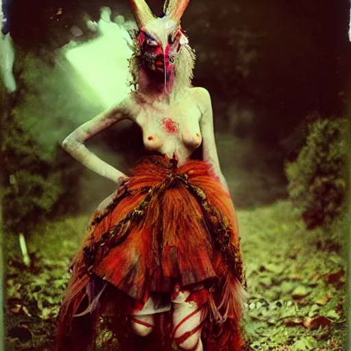 Image similar to damaged kodak portra 4 0 0, wetplate, photo of a surreal artsy dream scene,, very beautiful model, weird fashion, grotesque, extravagant dress, strange pose, carneval, with an animal, wtf, photographed by paolo roversi style