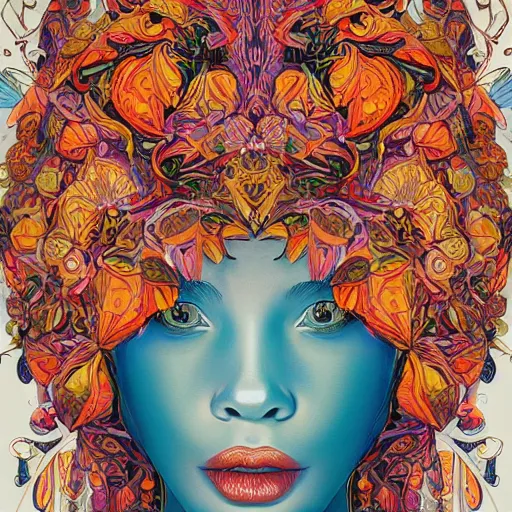 Image similar to the portrait of a beautiful young woman partially made up of bell peppers of all colors, an ultrafine detailed illustration by james jean, intricate linework, bright colors, final fantasy, behance contest winner, vanitas, angular, altermodern, unreal engine 5 highly rendered, global illumination, radiant light, detailed and intricate environment