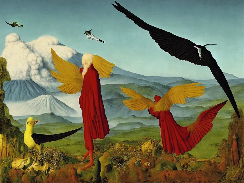 Image similar to albino mystic, with his back turned, with wild exotic Colibri looking at a erupting volcano in the distance. Painting by Jan van Eyck, Audubon, Rene Magritte, Agnes Pelton, Max Ernst, Walton Ford