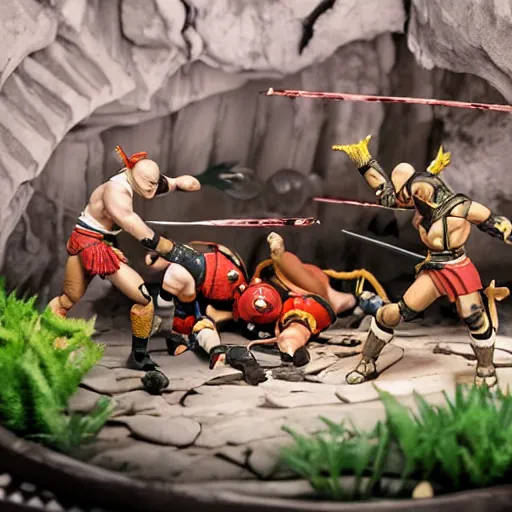 Image similar to photo of figma figures inside a diorama, depicting the cute chibi fighters of mortal kombat brutally fighting each other inside a shaolin temple above a spike - pit.