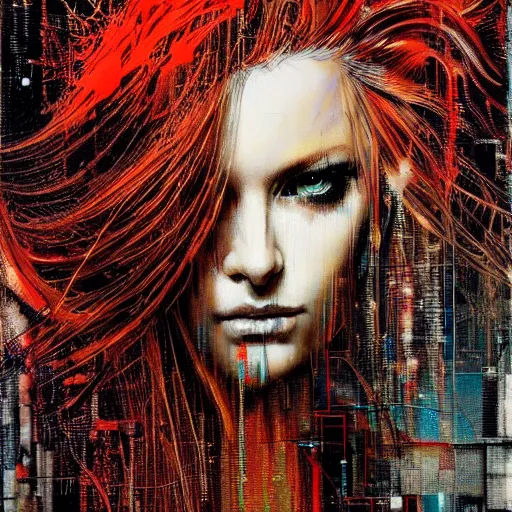 Prompt: hyperrealistic portrait of a mysterious cyberpunk woman with flowing hair, by Guy Denning, Russ Mills, beautiful, elusive, glitch art, hacking effects, glitch effects, brown eyes, digital tech effects, cybernetics, detailed lines, intricate detail, holographic, polished, chromatic, clear, color blocking!, acrylic on canvas, octane, concept art, abstract, red face, front view, artistic, 8k, cgsociety, trending on artstation