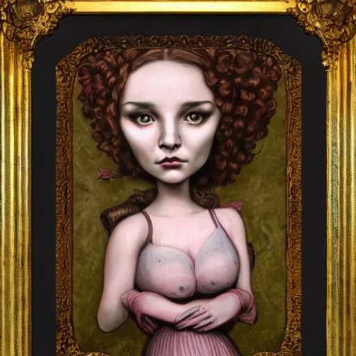 Prompt: the blacksmiths daughter, in the forge, lowbrow in the style of Mark Ryden,