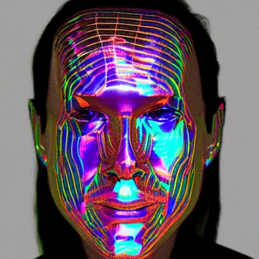 Image similar to a 3d human head made up of shiny holograms