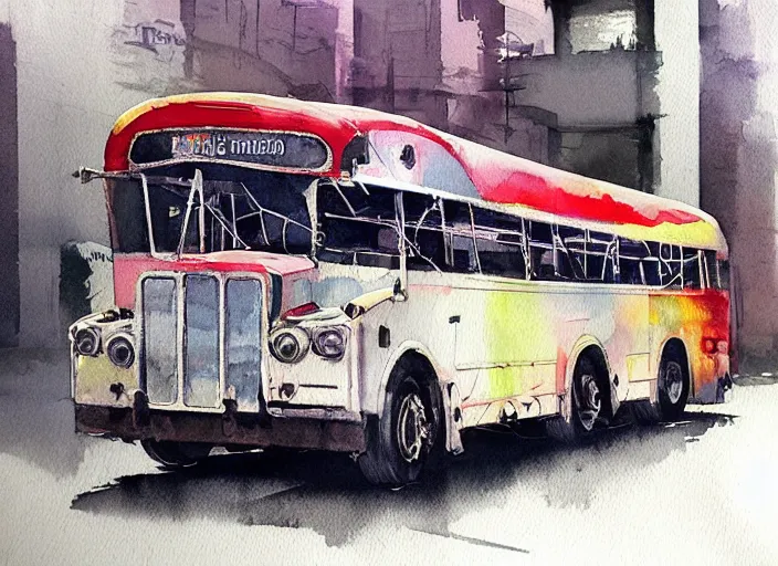 Image similar to concept art of a urban bus, pinterest, artstation trending, behance, watercolor, by coby whitmore, silver, laser light,