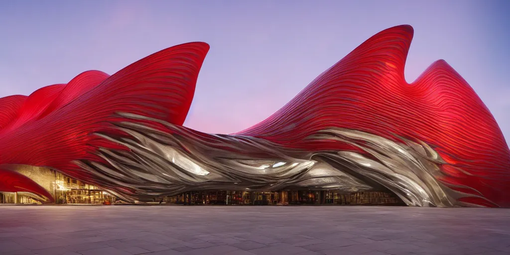 Image similar to extremely detailed ornate stunning sophisticated beautiful elegant futuristic museum exterior by Zaha Hadid, stunning volumetric light, stainless steal, concrete, translucent crimson red material, beautiful sunset, tail lights