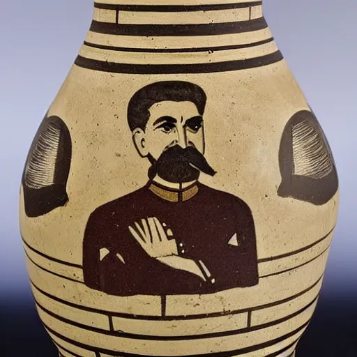 Image similar to a beautiful ancient greek amphora museum ceramic pottery vase depicting stalin waving