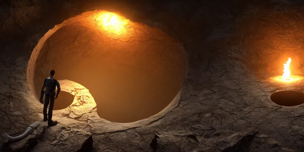 Prompt: male with a torch illuminating a giant abyss hole, nature around the hole, unreal engine 5, intricate details, relaxed