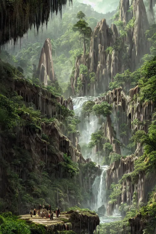 Prompt: carved into a Mountain a temple above a waterfall, arches adorned pillars, archways, gnarly trees, lush vegetation, forrest, a small stream runs beneath the waterfall, landscape, raphael lacoste, eddie mendoza, alex ross, concept art, matte painting, highly detailed, rule of thirds, dynamic lighting, cinematic, detailed, denoised, centerd