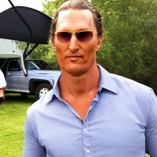 Image similar to a man who is a combination of woody Harrelson and Mathew McConaughey is wearing a red bandana and trying to sell you a tent trailer