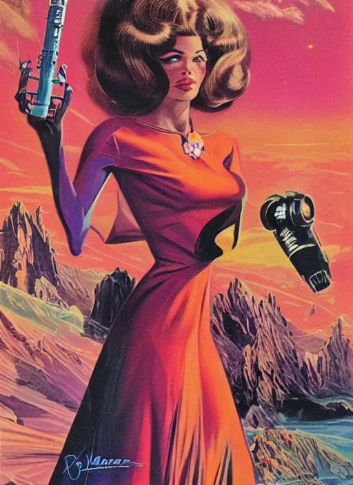 Prompt: Young badass beautiful female space wizard with long hair in 'Valley of the Dolls', retro science fiction cover by Ron Walotsky and Kelly Freas (1965), vintage 1960 print, vivid, detailed