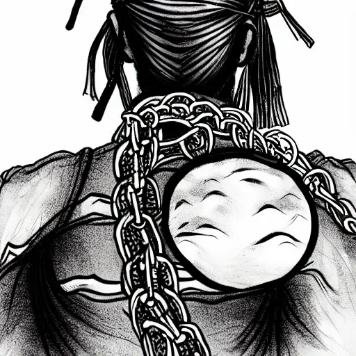 Image similar to A PORTRAIT FROM BEHIND OF A SAMURAI MAN VAGABOND WITH A MOON BEHIND HIM ,THE SAMURAI IS WRAPPED IN CHAINS ,detailed, concept art, ink style , sketch