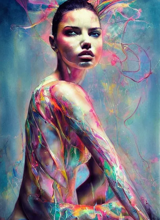 Image similar to adriana lima by agnes cecile enki bilal moebius, intricated details, sitting on a stool, full body portrait, extremely luminous bright design, pastel colours, drips, autumn lights