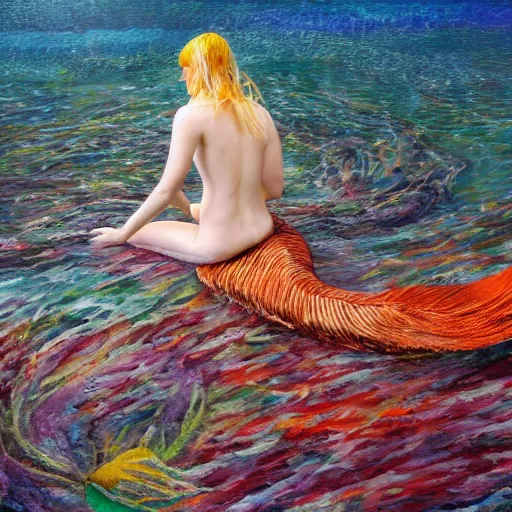 Image similar to a beautiful art installation of a mermaid swimming in the ocean. her long, flowing hair streams behind her as she gracefully navigates the water. a coral reef and colorful fish can be seen in the background. by nicolas mignard, by alyssa monks highly detailed