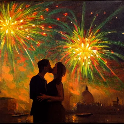 Image similar to an oil painting of couple kissing, in a background fireworks in venice