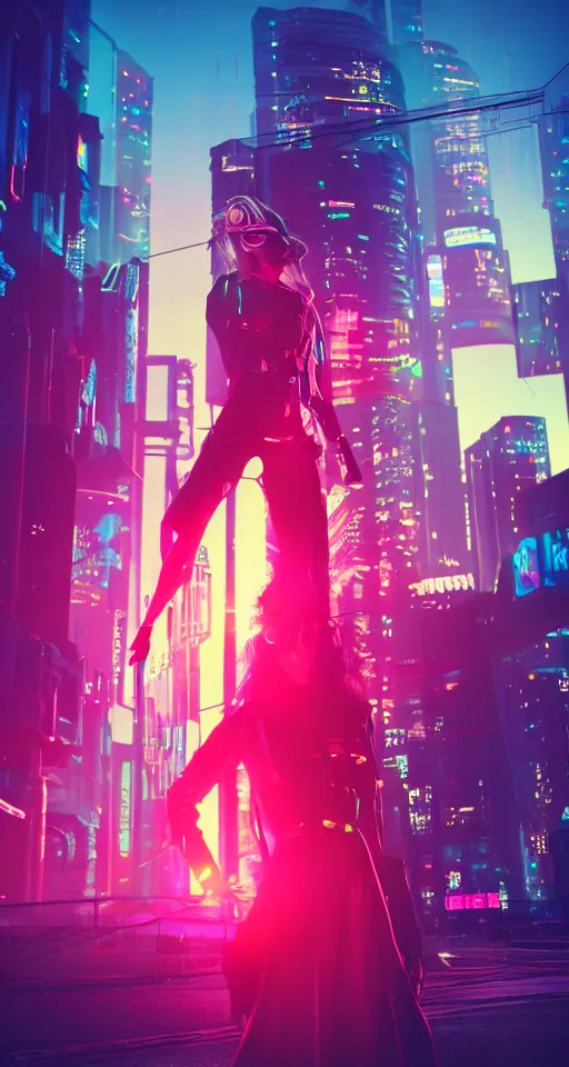 Image similar to sunset, cyberpunk women, city, neon lights, glow, atmospheric, cinematic, retrowave style,