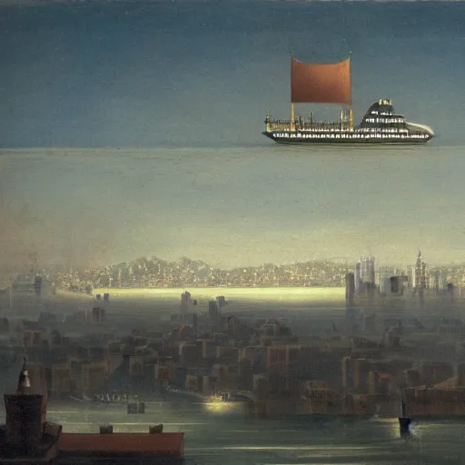 Image similar to a steamship suspended above a city skyline