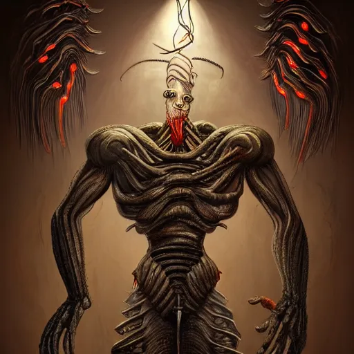 Image similar to beautiful painting of a muscular cleaver-headed chef monster with a thousand eyes in the style of Welder Wings and H. R. Giger. Dark background, detailed, trending on Artstation