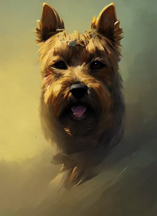 Image similar to norwich terrier as an north wich, backround dark, highly detailed, digital illustration, trending in artstation, modern painting, smooth, sharp focus, intricate, by peter mohrbacher