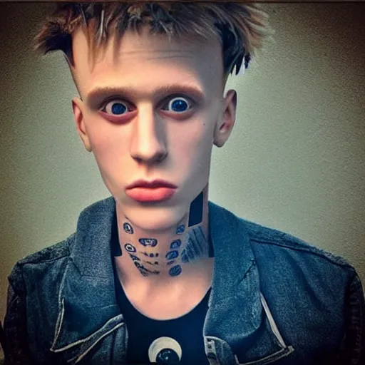 Image similar to “a realistic detailed photo of a guy who is an attractive humanoid who is half robot and half humanoid, who is a male android, rapper Machine Gun Kelly, shiny skin, posing like a statue, blank stare”