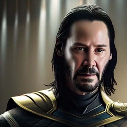 Image similar to film still of Keanu Reeves as Loki in Avengers Endgame, standing with scepter