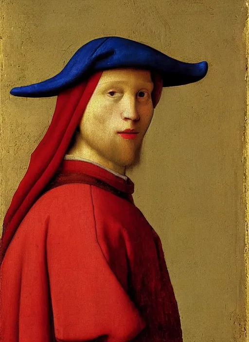 Image similar to red hat, medieval painting by jan van eyck, johannes vermeer