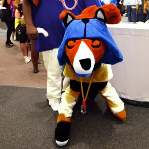 Image similar to snoop dog wearing a fox fursuit without the mask at a furry convention, indoor convention vendors