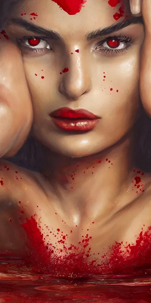 Image similar to Emily Ratajkowski with beautiful face and full body laying in a blood red pool of water between a bright golden glowing mirror frame, outside is space and inside the mirror frame is a beautiful landscape. Hyperrealistic surreal 4K IMAX Rene Margritte intricate, elegant, highly detailed, digital painting, artstation, concept art, smooth, sharp focus, illustration, art by artgerm and greg rutkowski and alphonse mucha