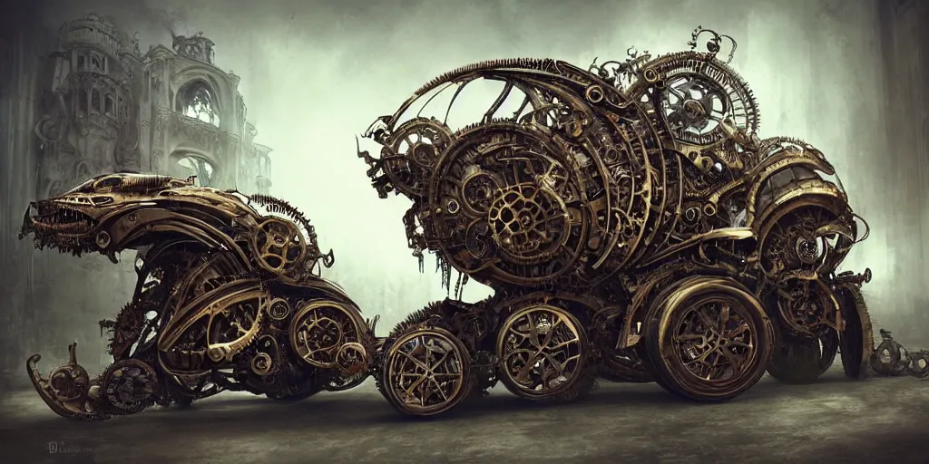 Image similar to biomechanical steampunk vehicle reminiscent of fast sportscar with robotic parts and (glowing) headlights parked in ancient lush palace, gothic and baroque, brutalist architecture, ultradetailed, creepy ambiance, fog, artgerm, giger, Intricate by Ellen Jewett and Josan Gonzalez and Giuseppe Arcimboldo