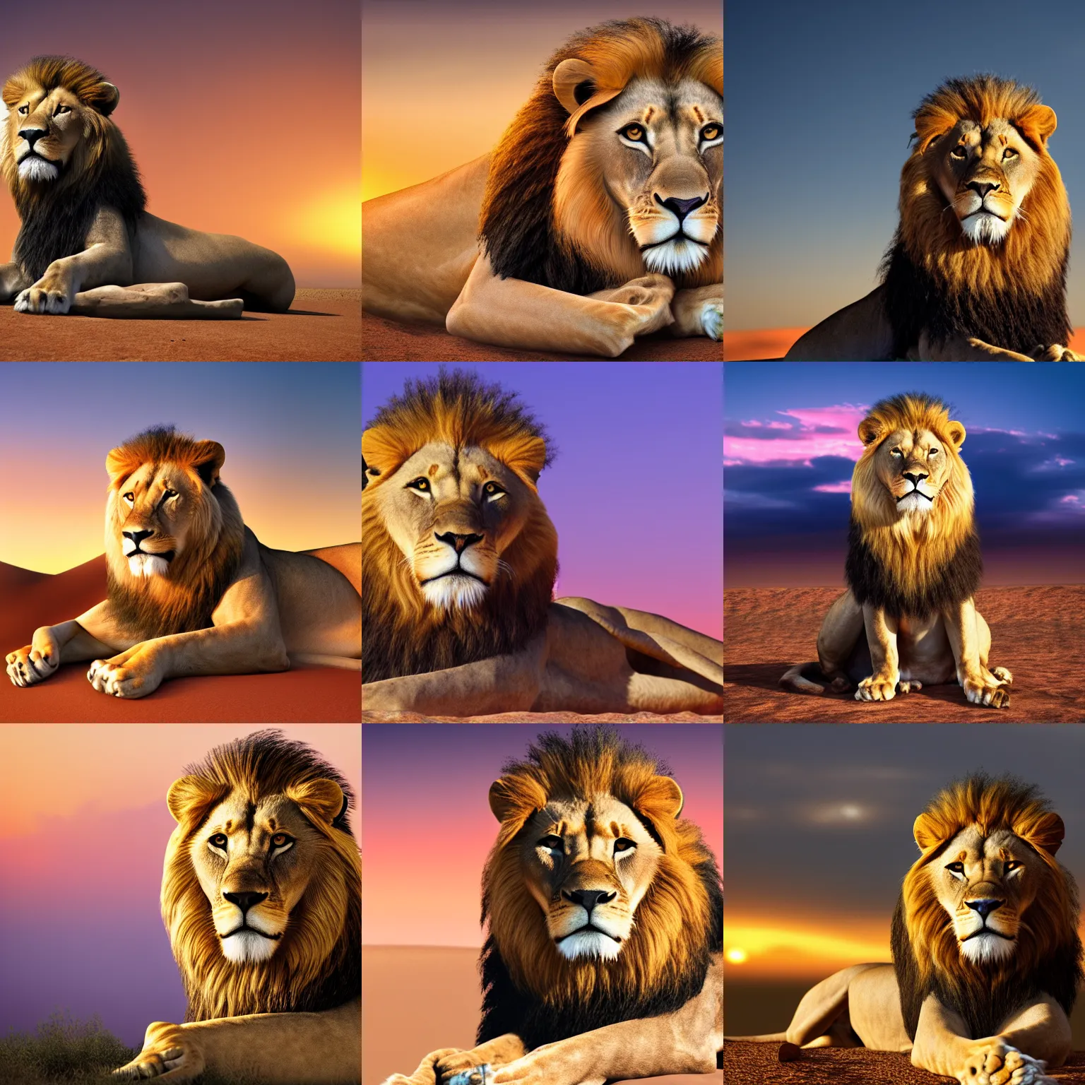 Prompt: A majestic lion sitting in the African desert , sunset , beautiful landscape, 8k, photorealistic