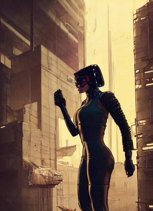 Prompt: beautiful cyberpunk assassin in military vest and jumpsuit assaulting a prison. dystopian. portrait by stonehouse and mœbius and will eisner and gil elvgren and pixar. realistic proportions. cyberpunk 2 0 7 7, apex, blade runner 2 0 4 9 concept art. cel shading. attractive face. thick lines.