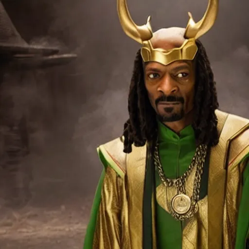 Prompt: film still of Snoop Dogg as Loki in the new Avengers film