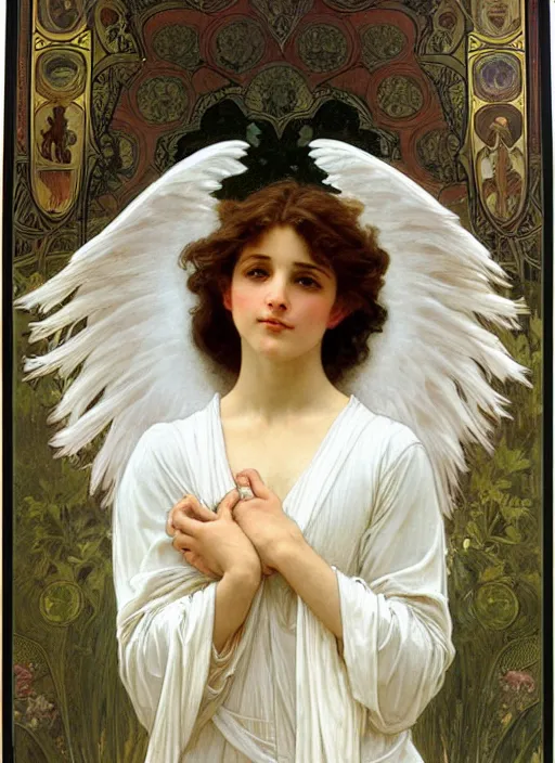 Prompt: painting of a beautifully robed angel with huge white feather wings, intricate, elegant, hyperdetailed, by alphonse mucha and william - adolphe bouguereau and john william waterhouse