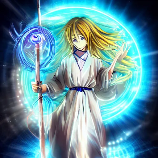 Image similar to a beautiful anime character wizard with free flowing hair holding a staff that has a glowing blue orb at the head of it emanating brilliant blue light, high detail, high resolution