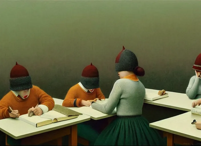 Image similar to a very boring day in school, painting by quint buchholz and ray caesar, muted colors, gray, dull, boring, low energy, pale blue faces, very detailed