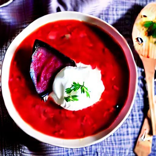 Image similar to a bowl of borscht wearing anime cat ears, award winning food photo, 4 k, delicious, polish food, high quality