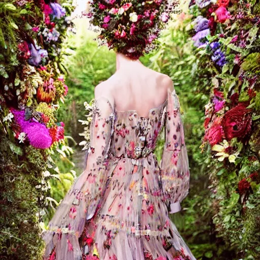 Image similar to beautiful model wearing valentino 2 0 1 4 cyber floral patterned layered dress fashion outfit, jeweled headpiece mystical crown, bright ruins environment background overgrown with flowers